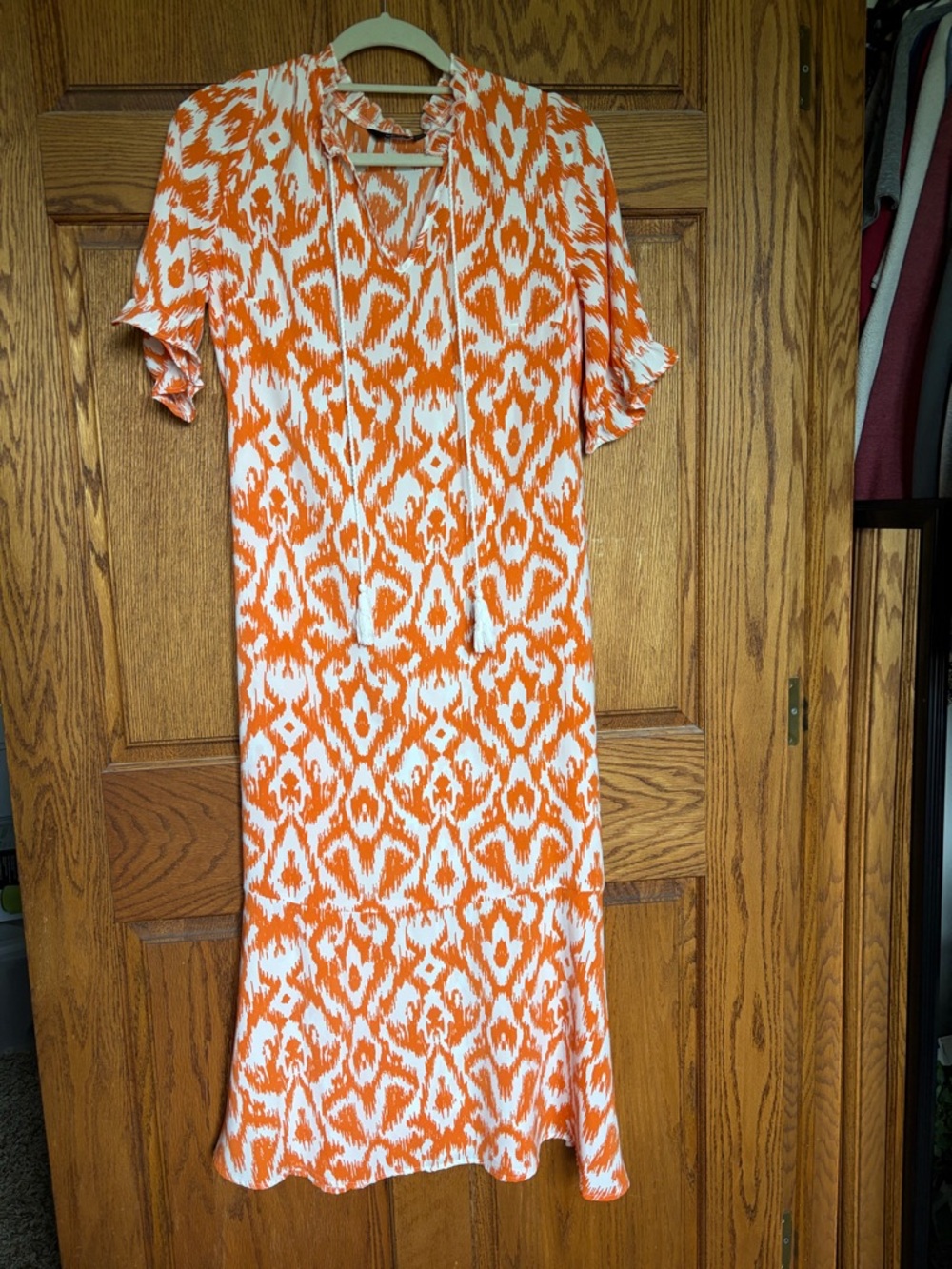 Orange & White Ikat Midi Dress with Tie Neck